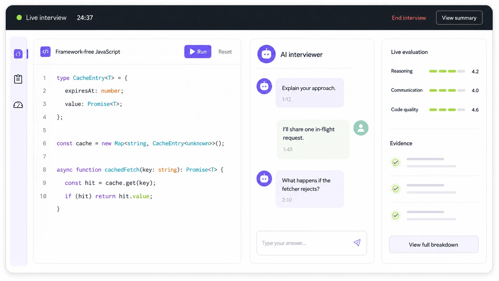 Live frontend interview workspace with code, AI conversation, evaluation, and evidence
