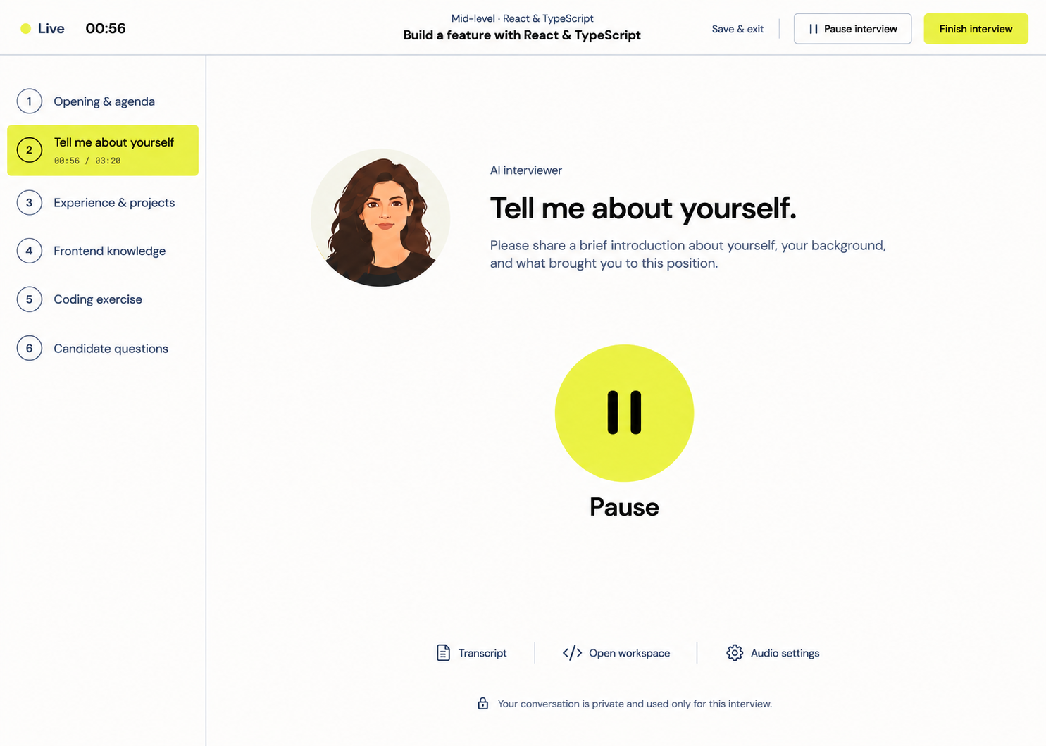 Live frontend interview workspace with code, AI conversation, evaluation, and evidence